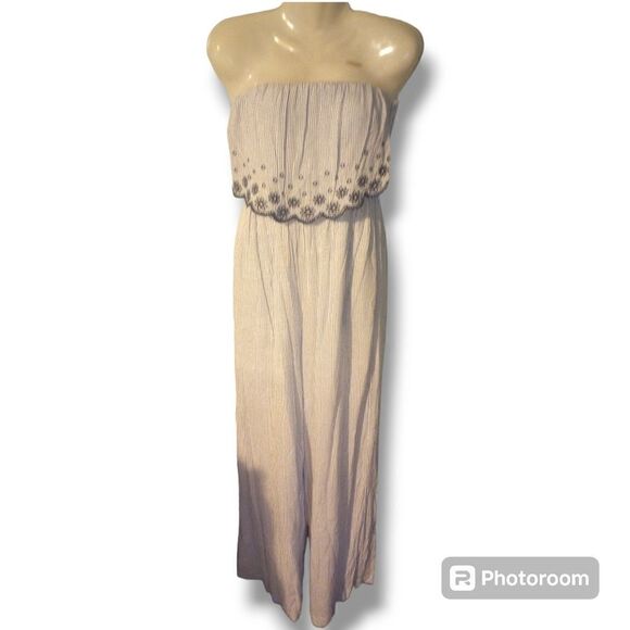 Jessica Simpson strapless blue striped wide leg jumpsuit with eyelet l… - Picture 1 of 9